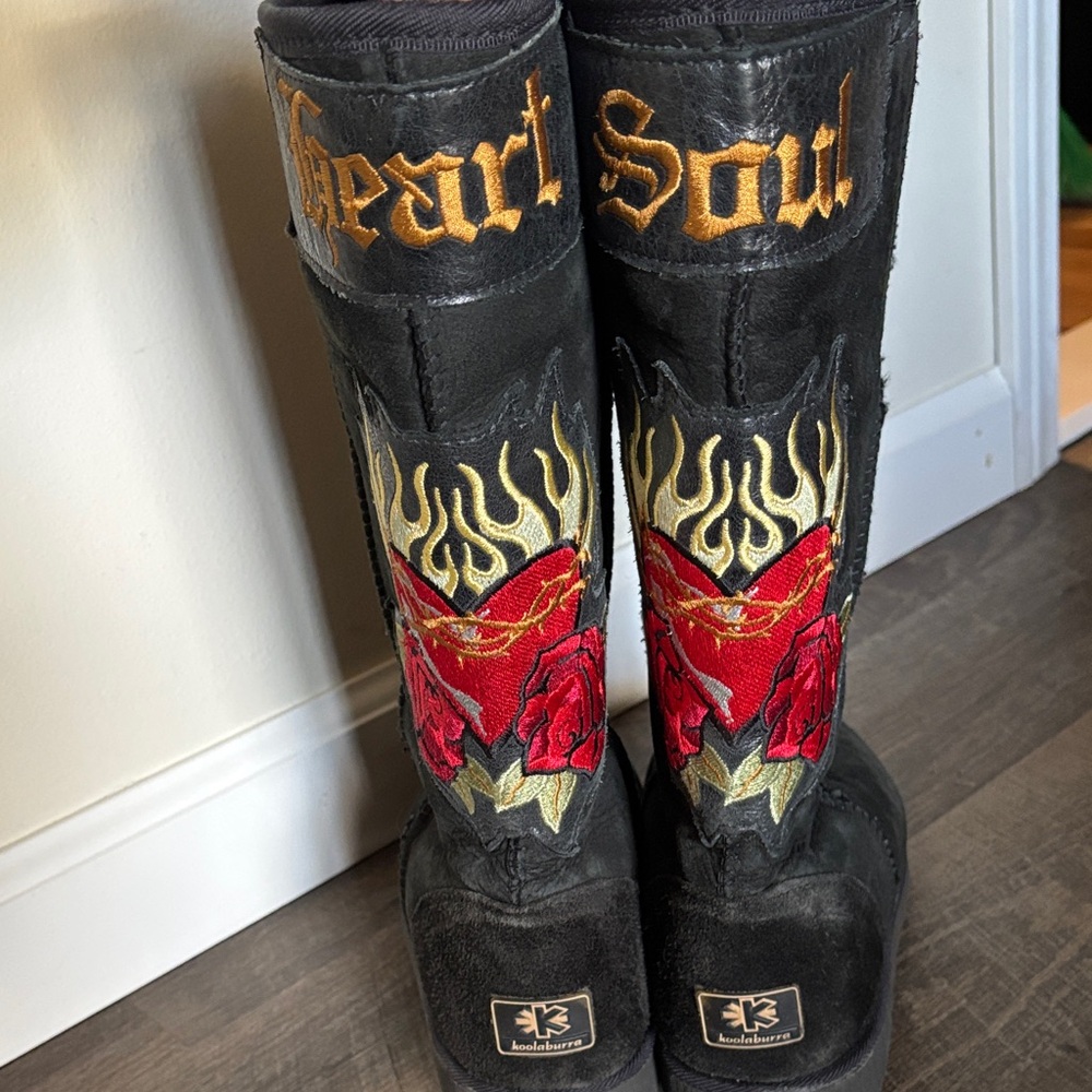 Kookaburra Heart Soul Black Leather Boots with Red and Gold Embroidery